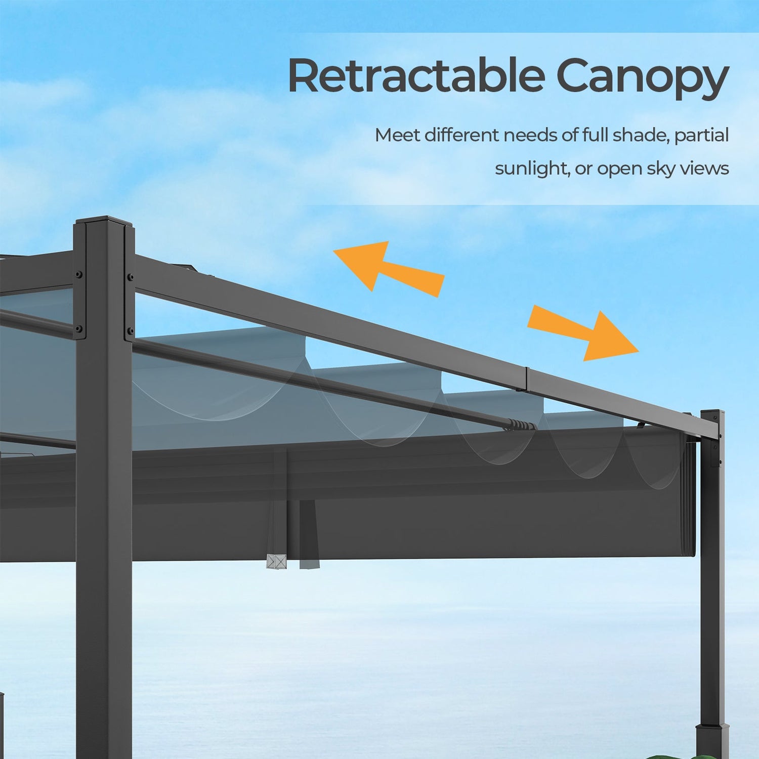 10 x 10 Ft Outdoor Pergola with Retractable Canopy and Metal Columns - Dark Gray