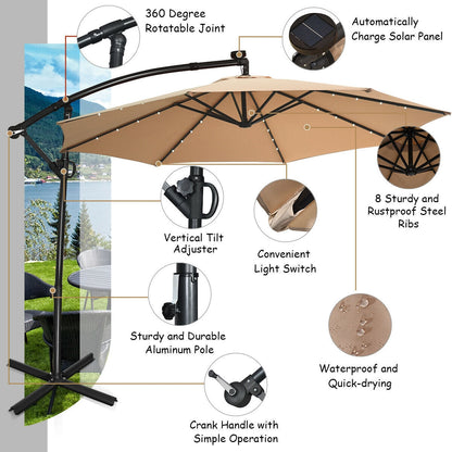 10 ft 360° Rotation Solar Powered LED Patio Offset Umbrella - 8 Colors