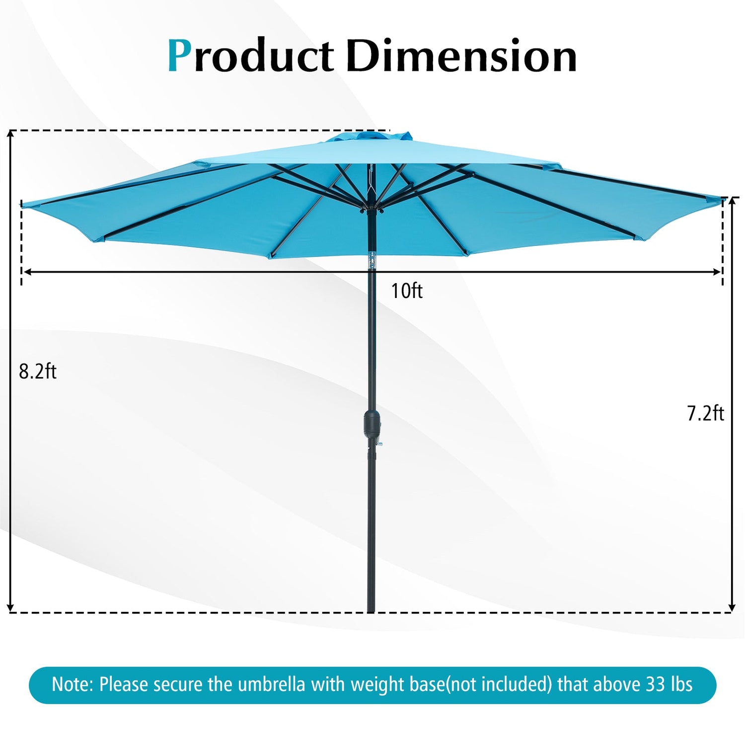 10 Ft Outdoor Patio Umbrella with Tilt and Crank - 7 Colors