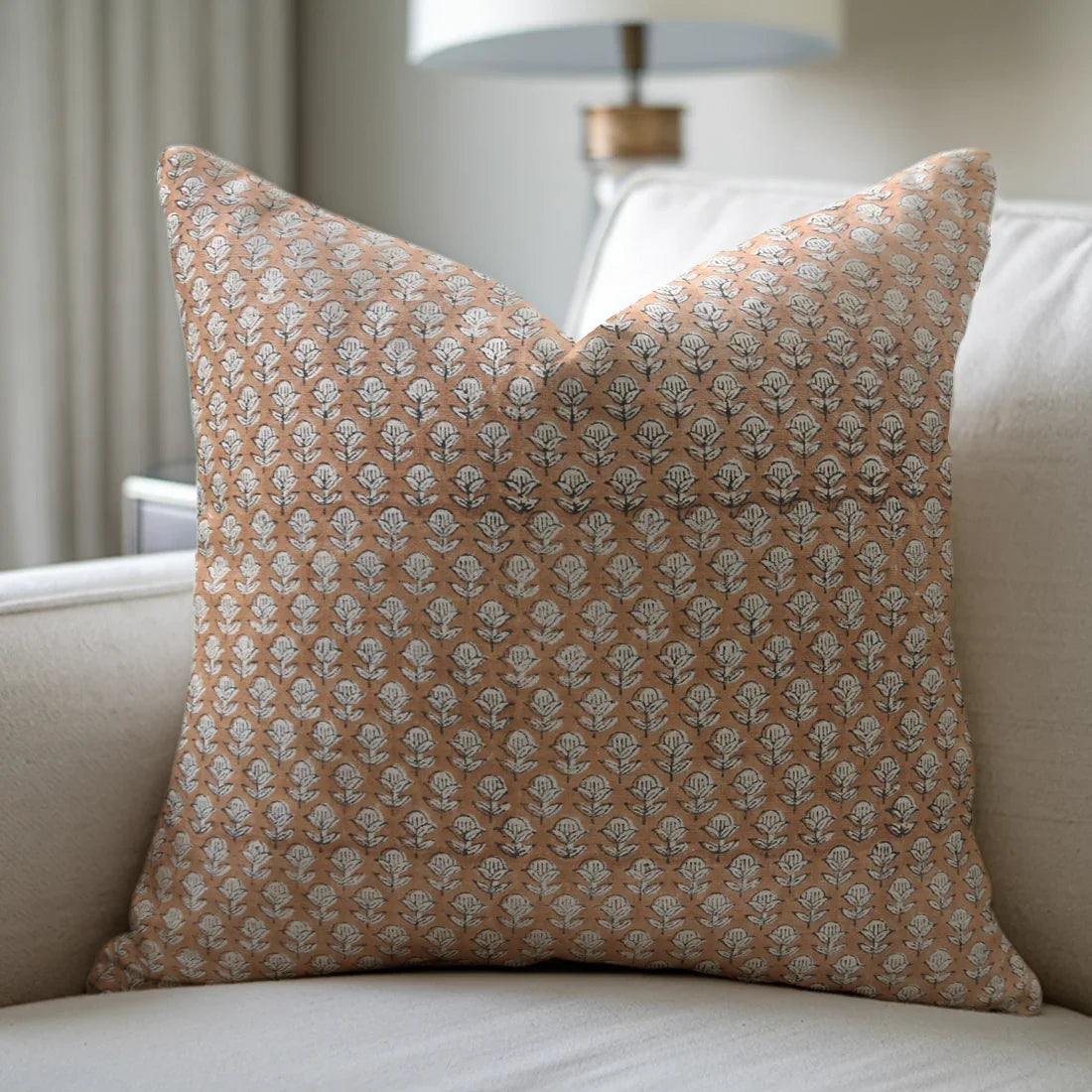 Brown Floral Block Print Linen Pillow Cover - Trishul