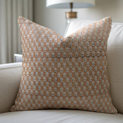 Brown Floral Block Print Linen Pillow Cover - Trishul