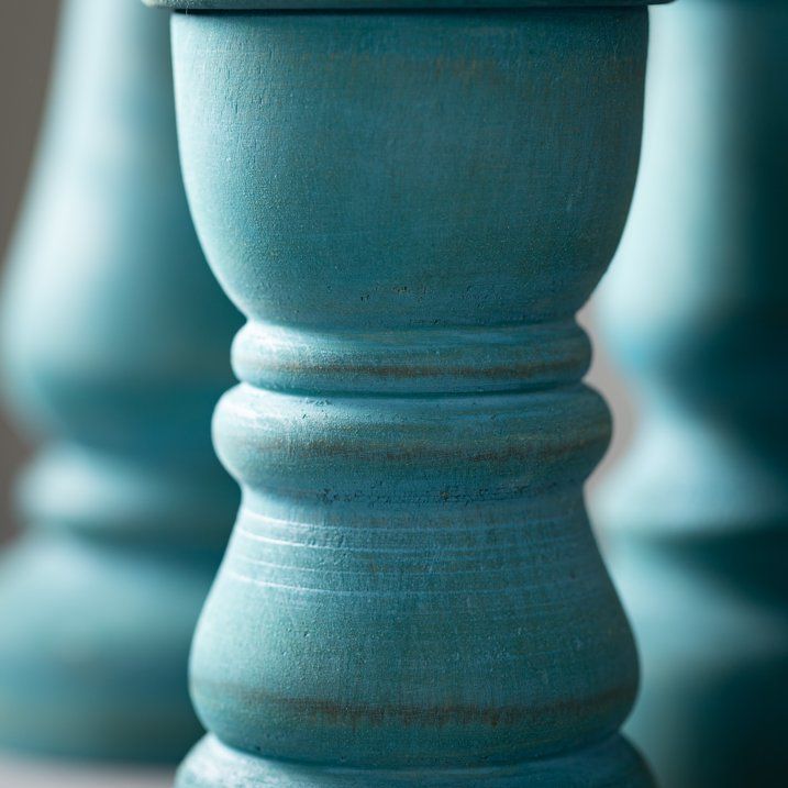 Turquoise Wood Pillar Candle Holders - Set of 3