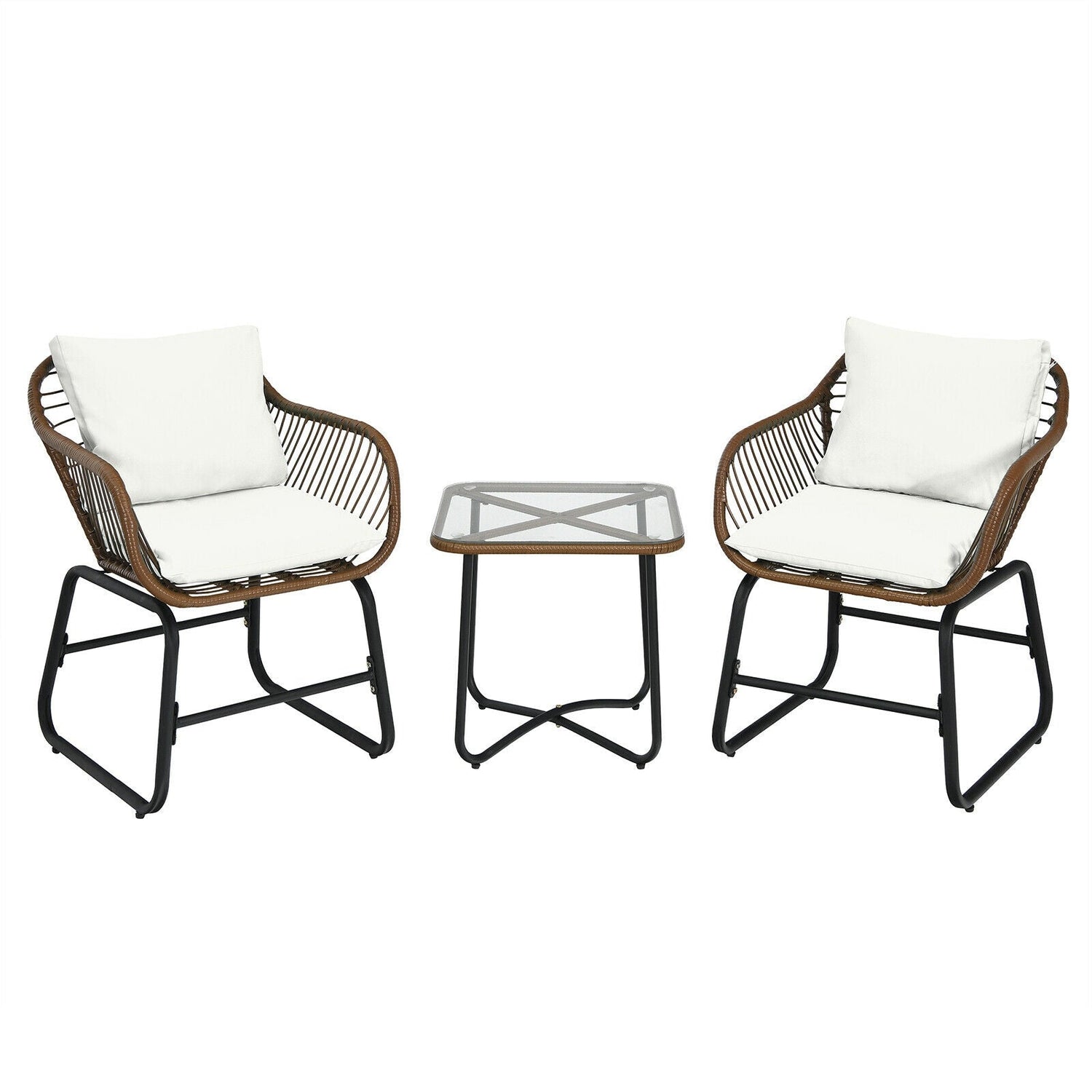 3 Pc Rattan Bistro Set with White Cushions