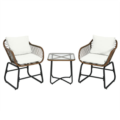 3 Pc Rattan Bistro Set with White Cushions