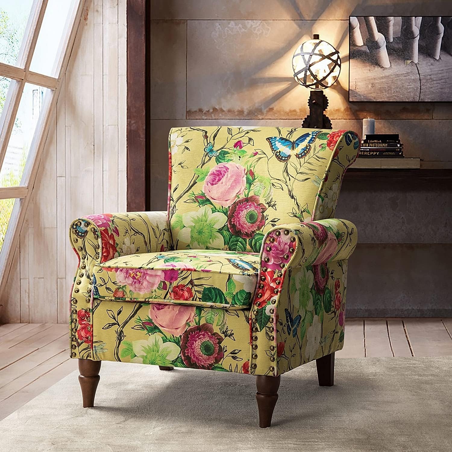 Yellow Floral Wingback Chair With Solid Wood Legs