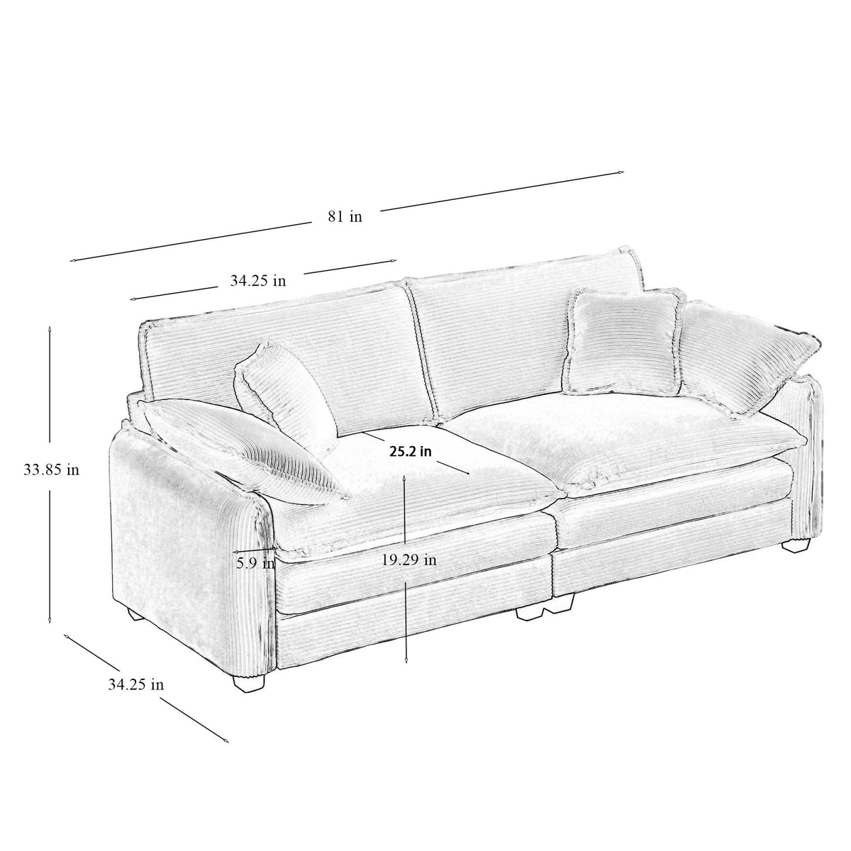Modern 3 Piece Deep Seat Sofa Set - Beige Corduroy