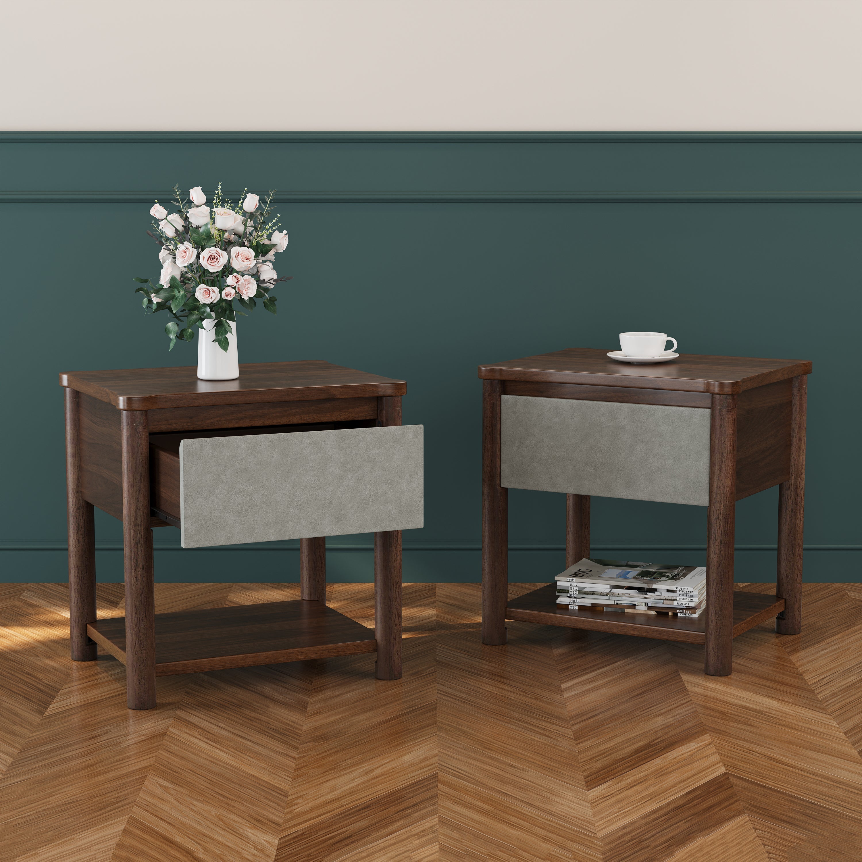 Modern Queen Bed Frame Set with 2 Nightstands - Gray/Walnut