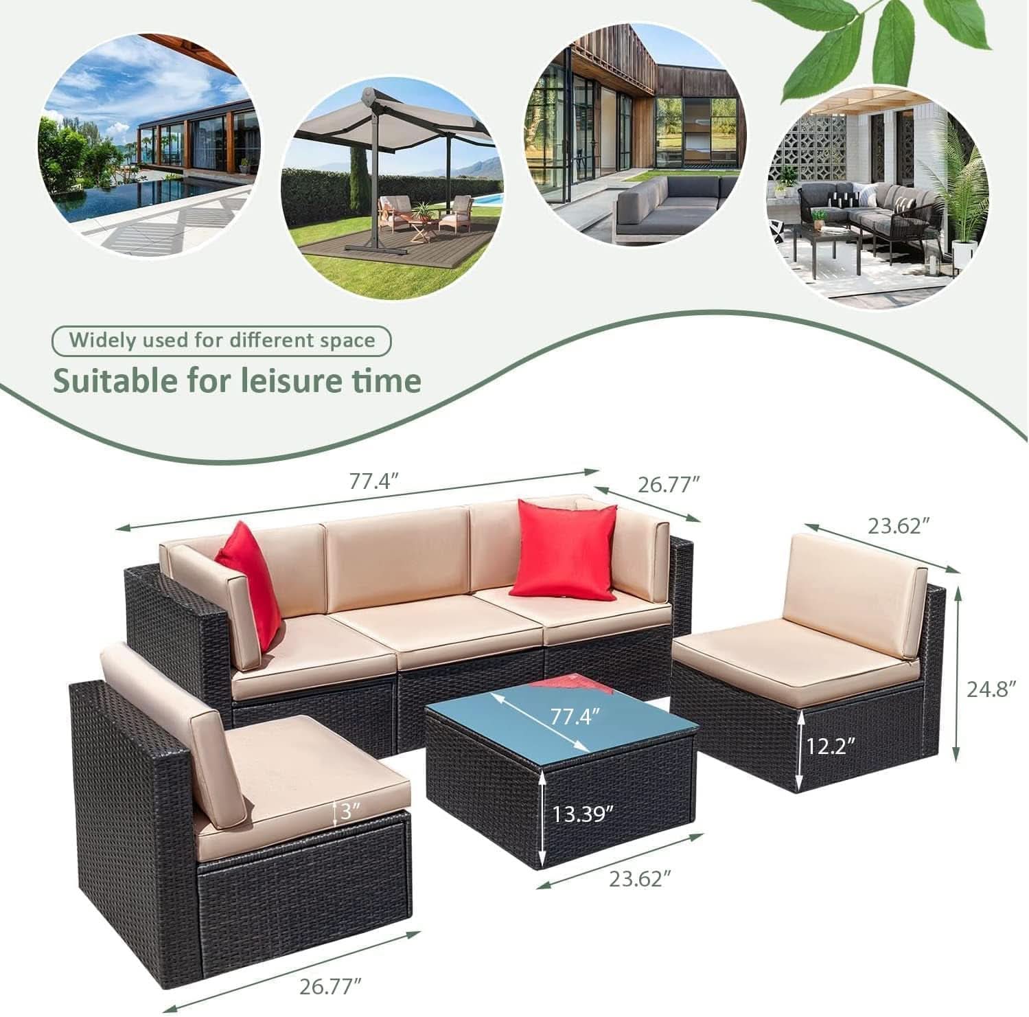 6 Piece Outdoor Rattan Sectional Sofa Set - Beige