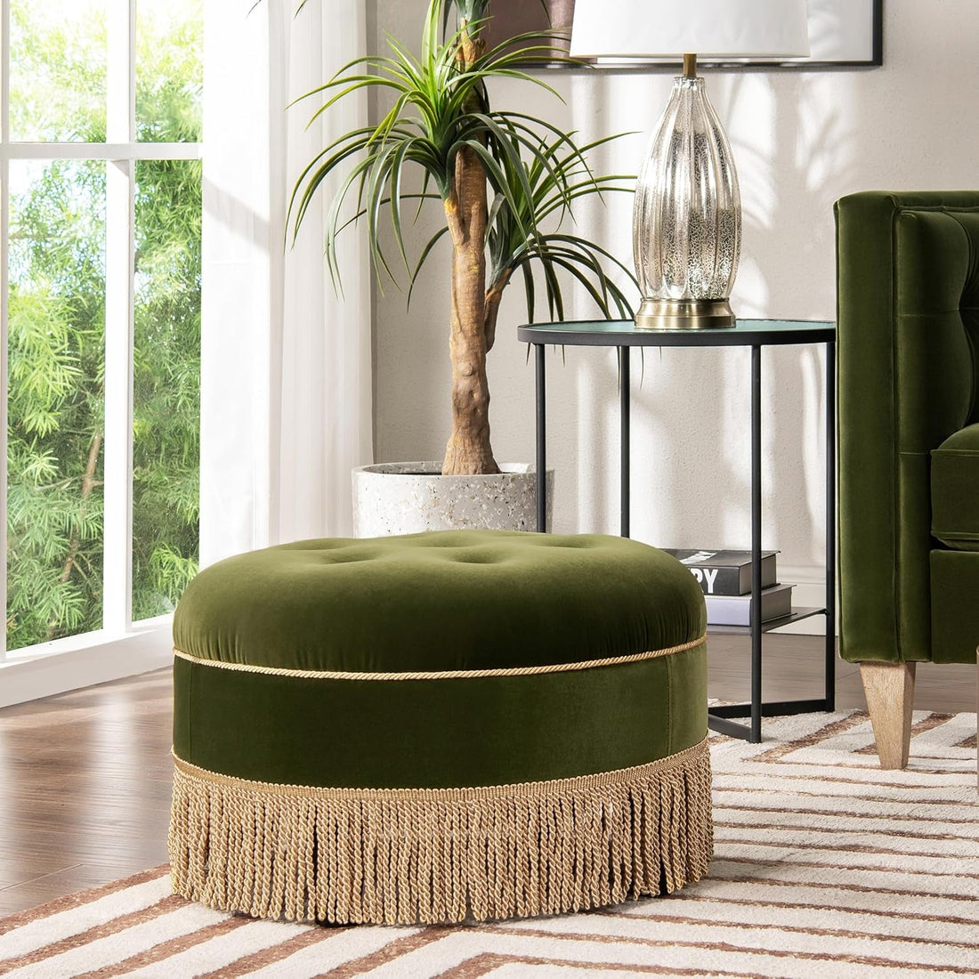 24 Inch Round Premium Textured Upholstered Ottoman - Green