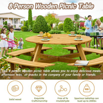 8-Person Round Picnic Table with 4 Built-in Benches - Natural Finish