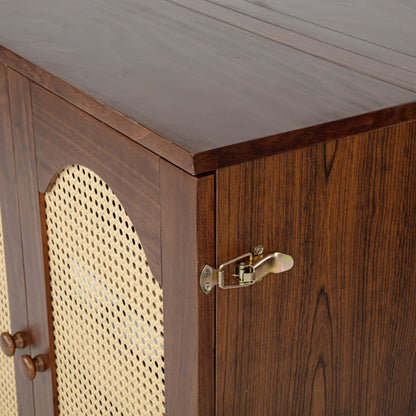 Queen Size Murphy Bed, Pine Wood with Power Station and Rattan Decoration Panel - Walnut