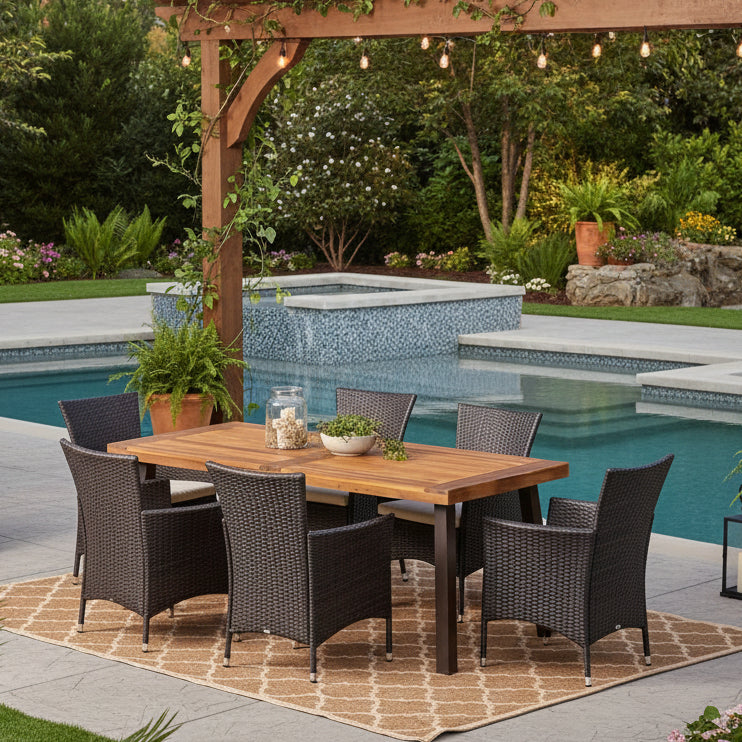Outdoor 7 Piece Acacia Wood/Wicker Dining Set