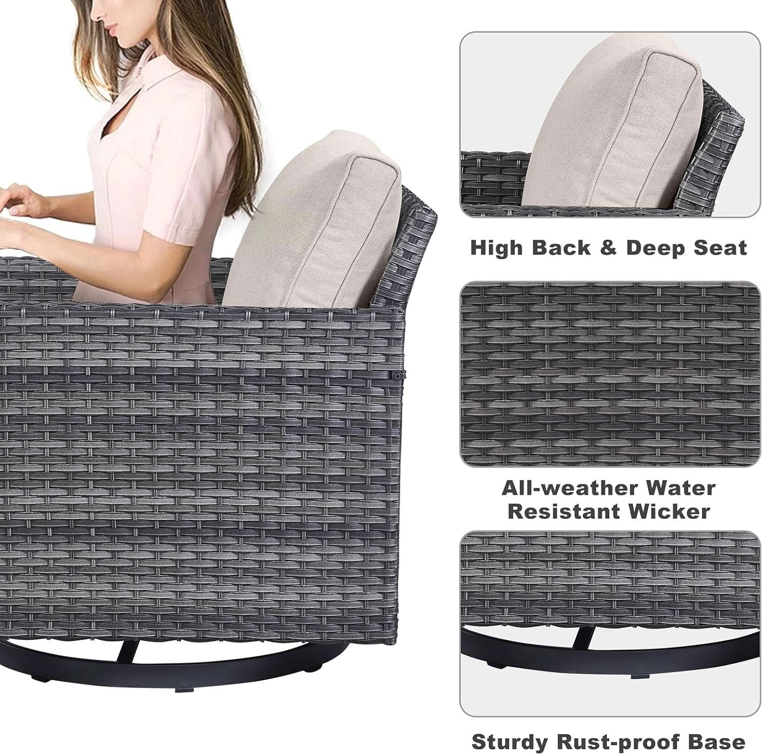 Oversize Outdoor Wicker Patio Sofa Set With 2 Swivel Chairs, 2 Ottomans, and Coffee Table in Grey/Beige