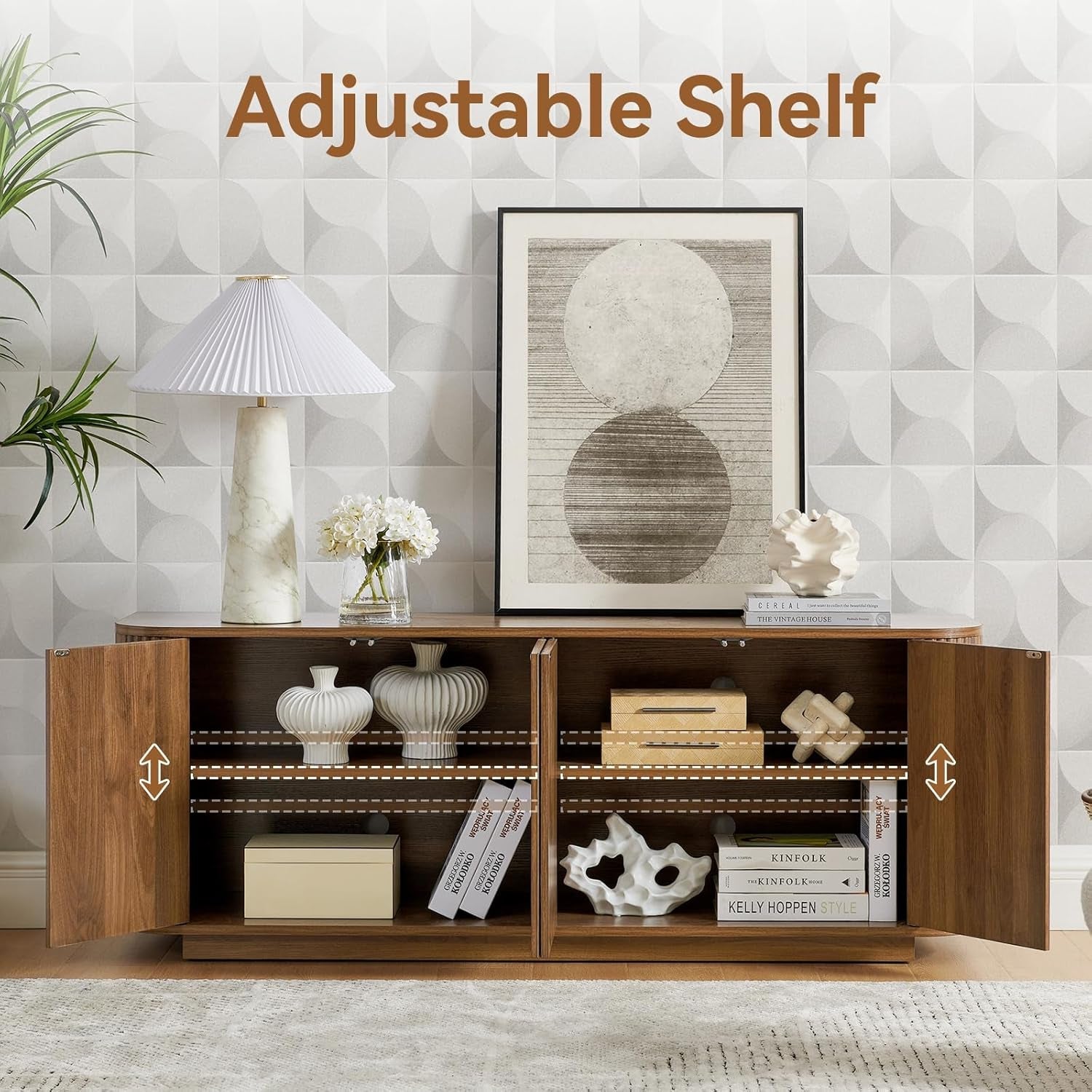 64 Inch Curved Walnut Contemporary Buffet Sideboard