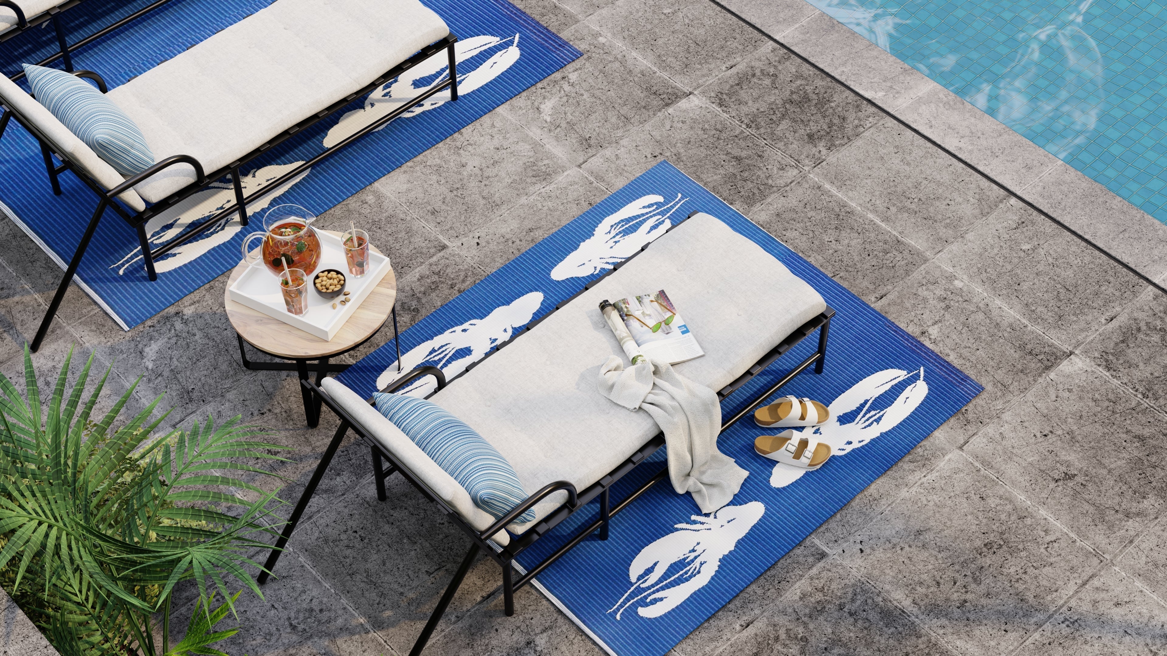 Four Lobster Blue &amp; White Outdoor Mat