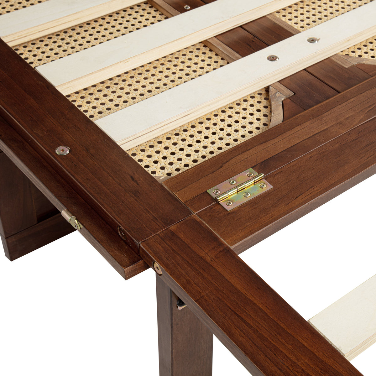 Queen Size Murphy Bed, Pine Wood with Power Station and Rattan Decoration Panel - Walnut