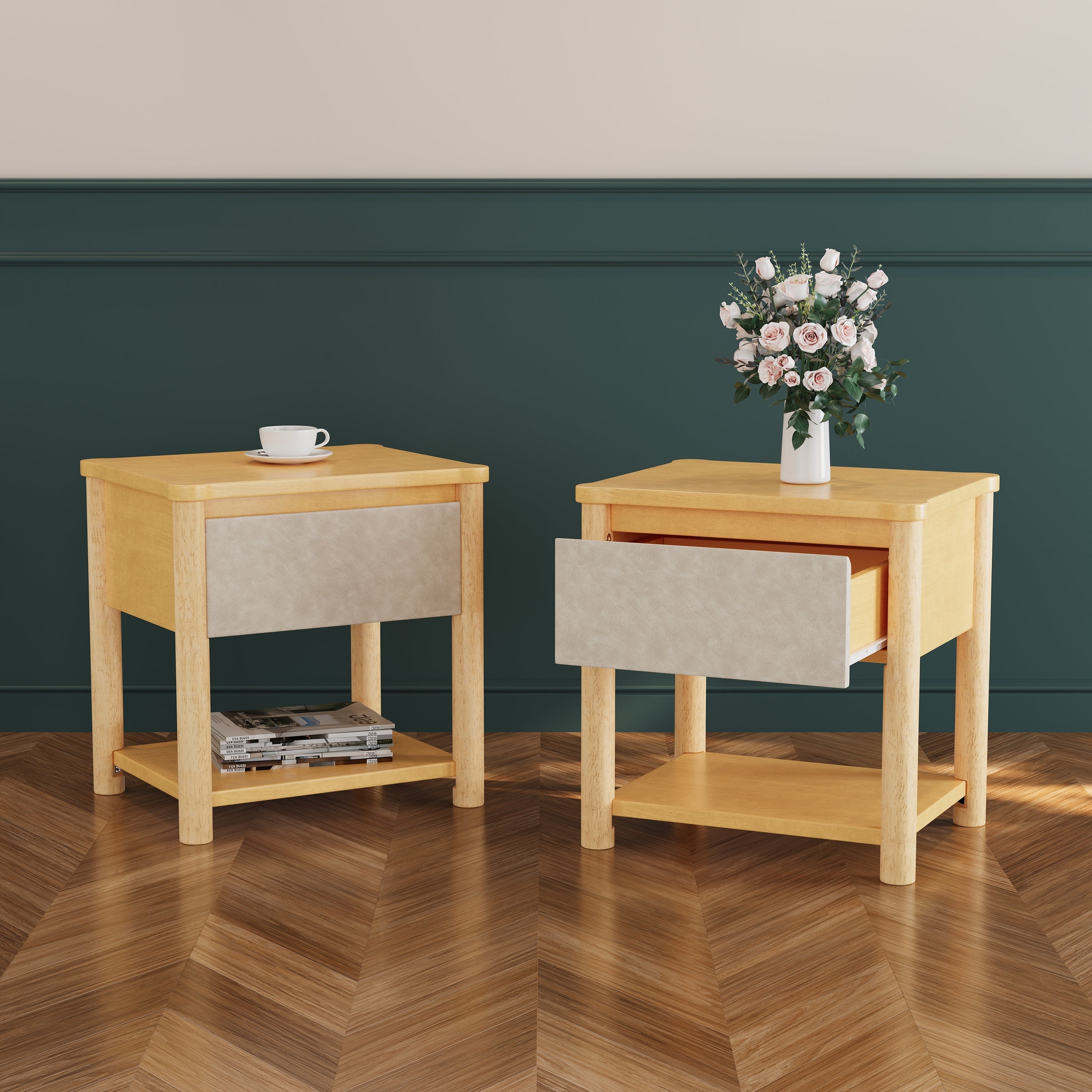 Beige Wood Platform Bed with Headboard and Matching Bedside Tables - 3 Pc Set