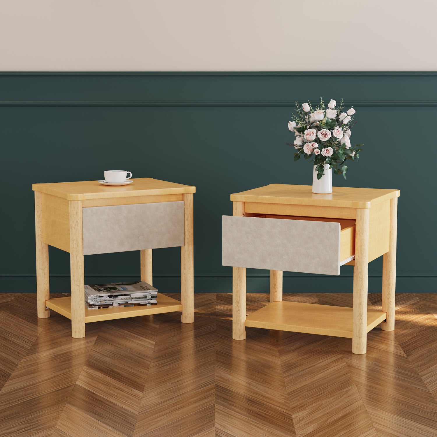 Modern Queen Bed Frame Set with 2 Nightstands - Beige Wood