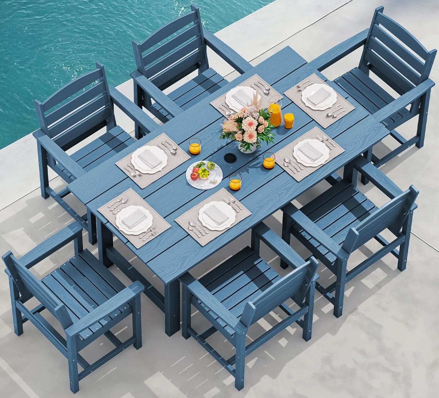 7 Piece Indoor/Outdoor HDPE Dining Set in Blue