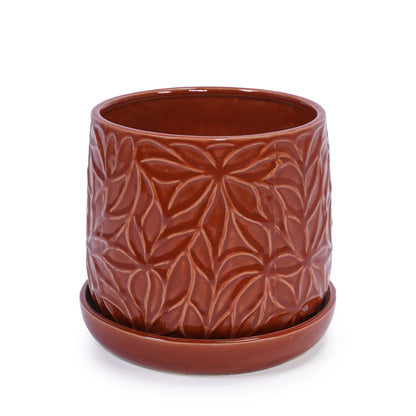 Set of 2 Embossed Ceramic Flowerpots - Red