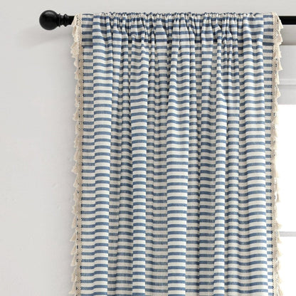 Boho-Coastal Horizontal Ticking Stripe Tassel Window Curtain Panel Sets