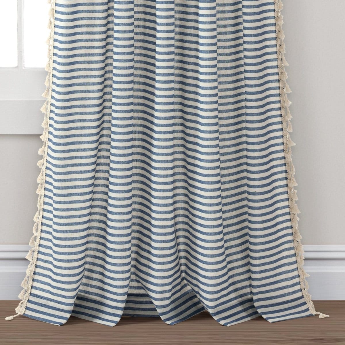 Boho-Coastal Horizontal Ticking Stripe Tassel Window Curtain Panel Sets