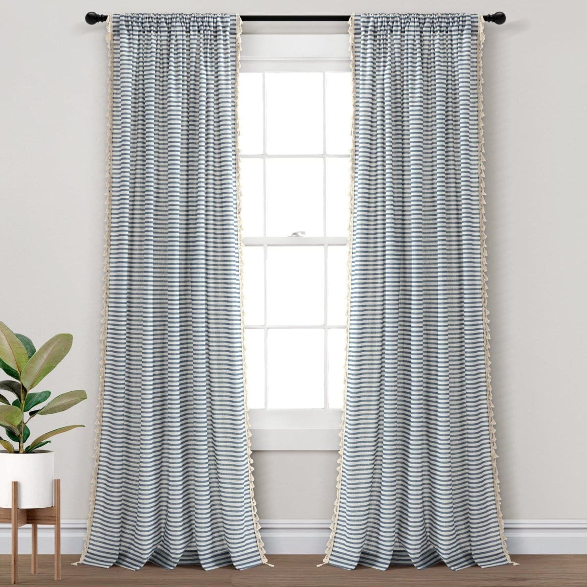 Boho-Coastal Horizontal Ticking Stripe Tassel Window Curtain Panel Sets