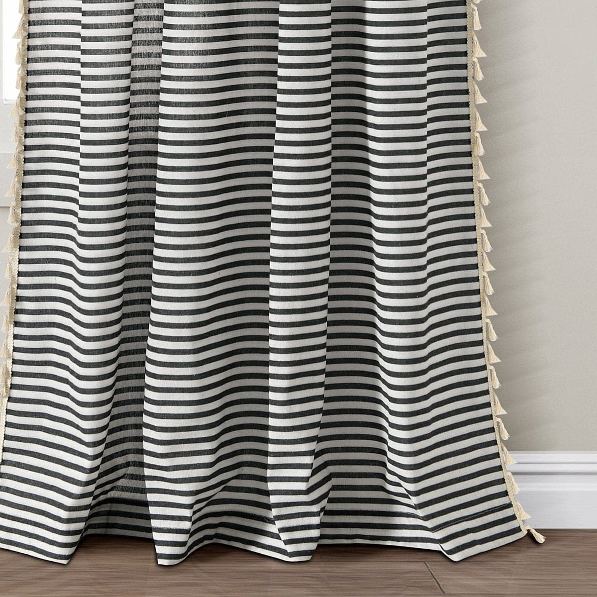 Boho-Coastal Horizontal Ticking Stripe Tassel Window Curtain Panel Sets
