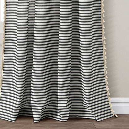 Boho-Coastal Horizontal Ticking Stripe Tassel Window Curtain Panel Sets