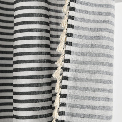 Boho-Coastal Horizontal Ticking Stripe Tassel Window Curtain Panel Sets