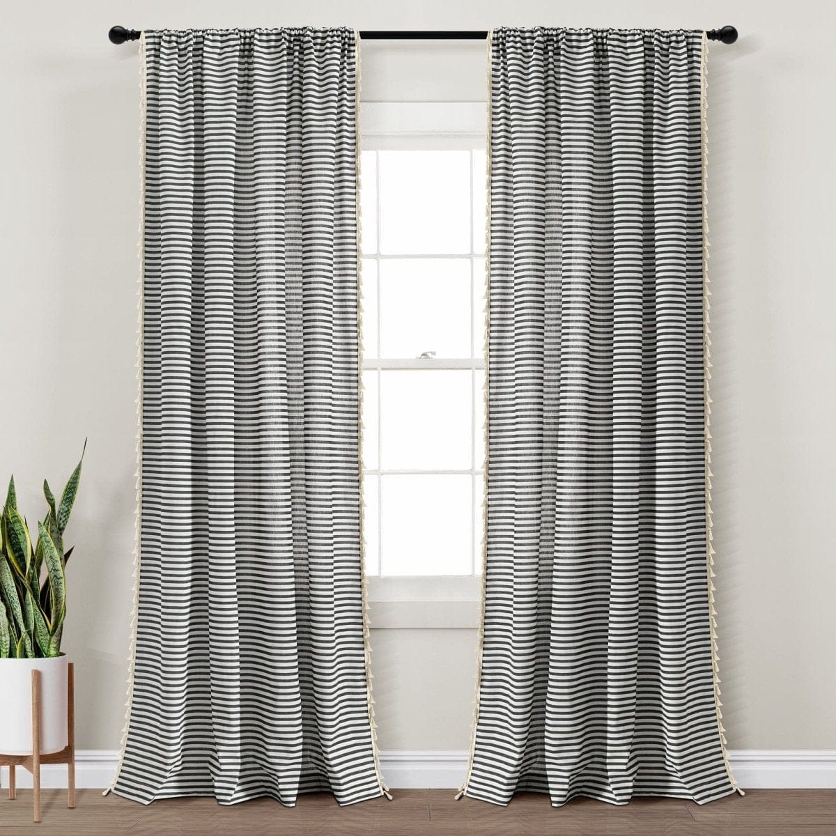 Boho-Coastal Horizontal Ticking Stripe Tassel Window Curtain Panel Sets