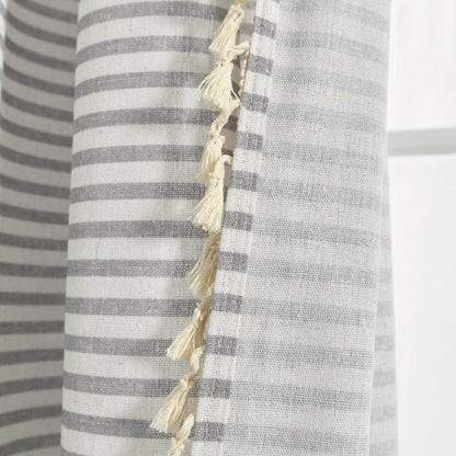 Boho-Coastal Horizontal Ticking Stripe Tassel Window Curtain Panel Sets