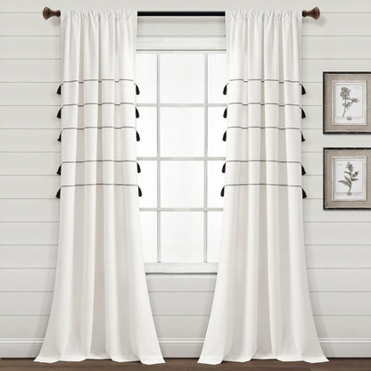 Farmhouse Boho Stripe Woven Tassel Yarn Dyed Recycled Cotton Blend Window Curtain Panel Sets
