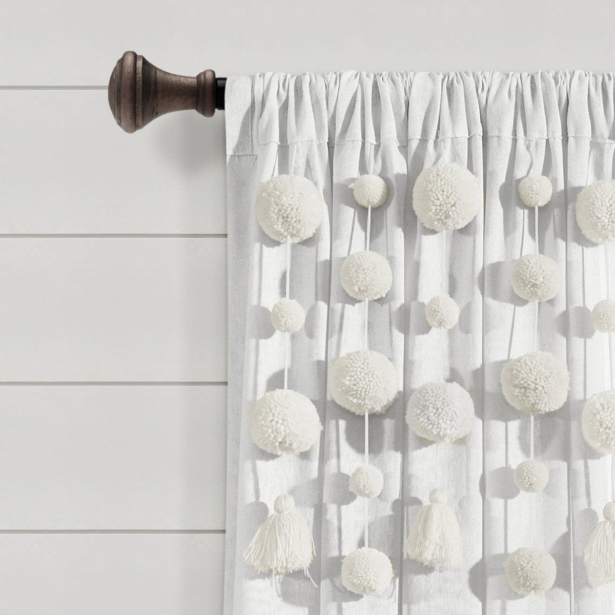 Boho Pom Pom Tassel Faux Linen Window Curtain Panels