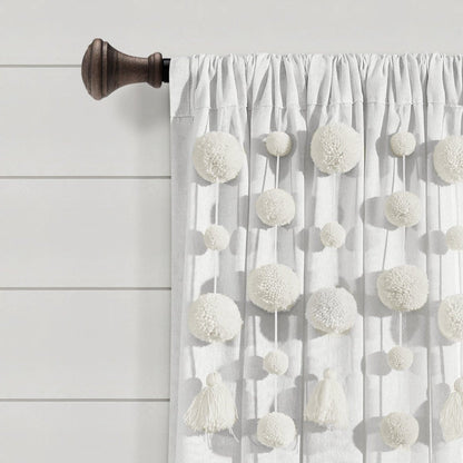 Boho Pom Pom Tassel Faux Linen Window Curtain Panels