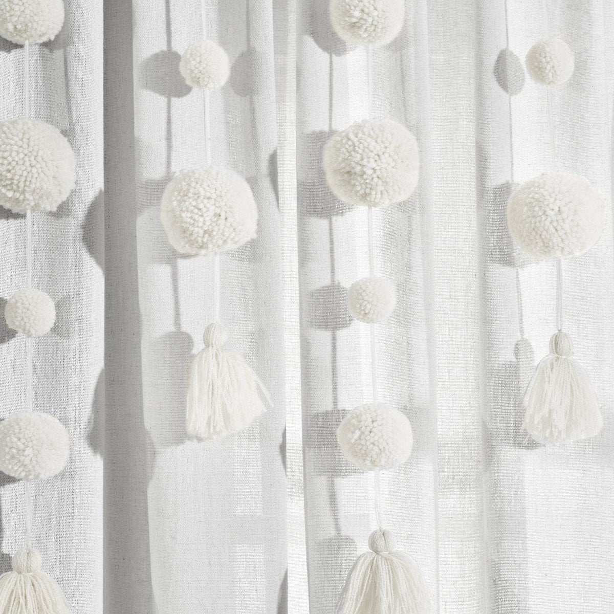 Boho Pom Pom Tassel Faux Linen Window Curtain Panels