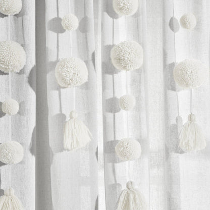 Boho Pom Pom Tassel Faux Linen Window Curtain Panels