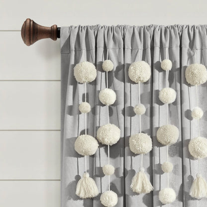 Boho Pom Pom Tassel Faux Linen Window Curtain Panels