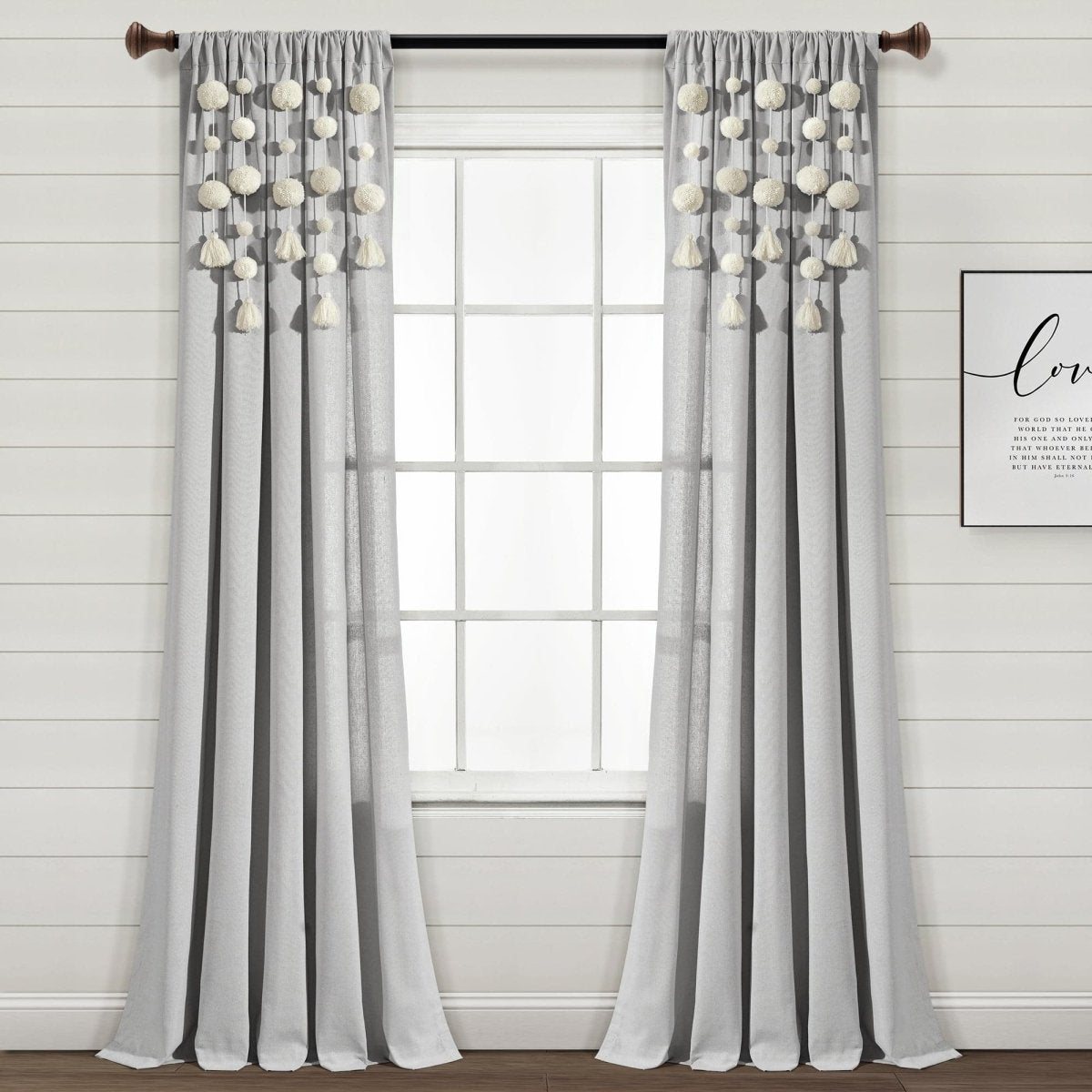 Boho Pom Pom Tassel Faux Linen Window Curtain Panels