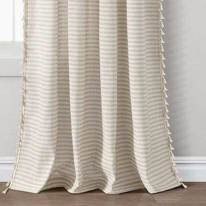 Boho-Coastal Horizontal Ticking Stripe Tassel Window Curtain Panel Sets