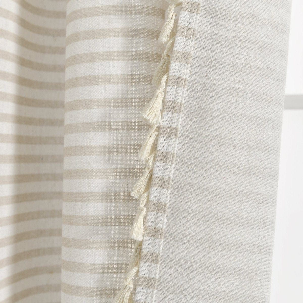 Boho-Coastal Horizontal Ticking Stripe Tassel Window Curtain Panel Sets