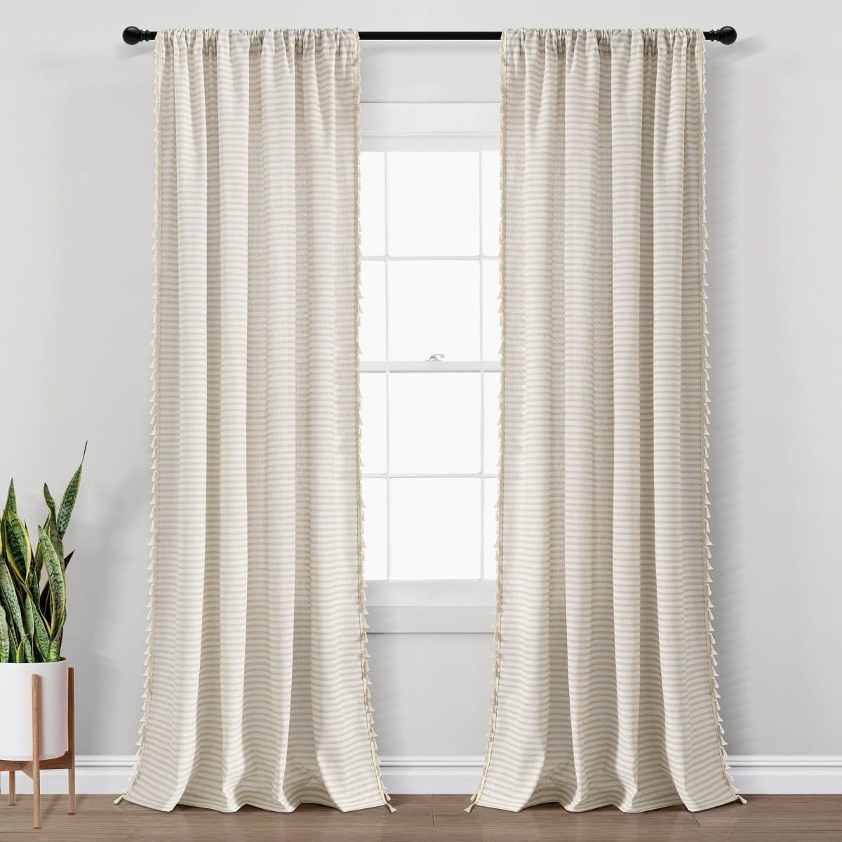 Boho-Coastal Horizontal Ticking Stripe Tassel Window Curtain Panel Sets