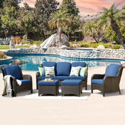 Five Piece Outdoor Wicker Patio Set With Cushions - Blue