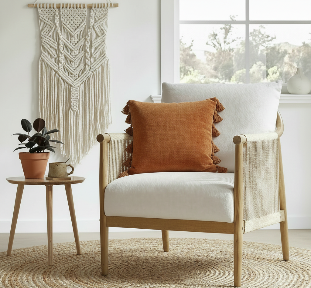 Cream Braided Accent Armchair With Wooden Armrests