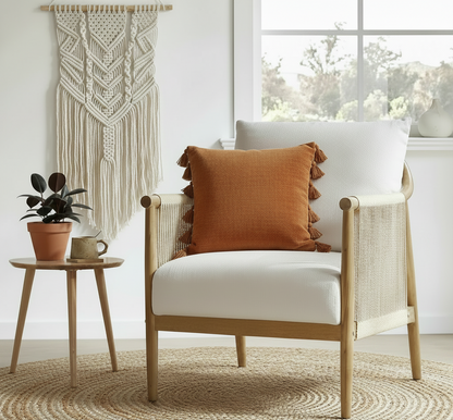 Cream Braided Accent Armchair With Wooden Armrests