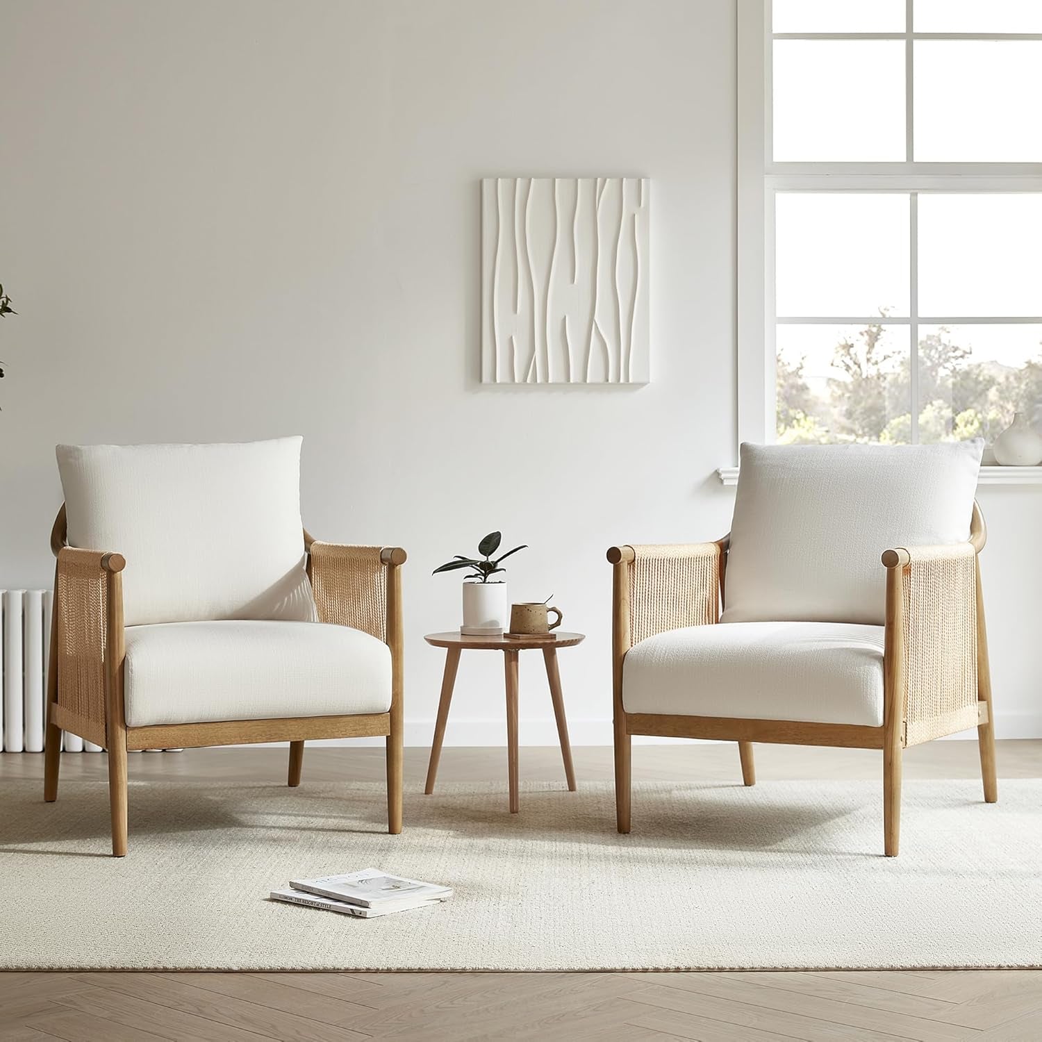 Cream Braided Accent Armchair With Wooden Armrests