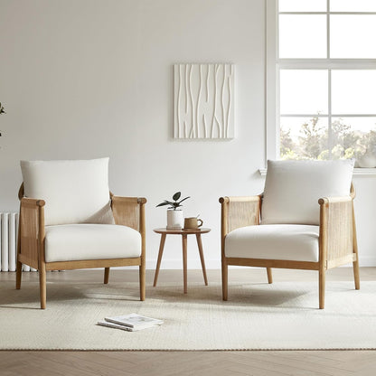 Cream Braided Accent Armchair With Wooden Armrests