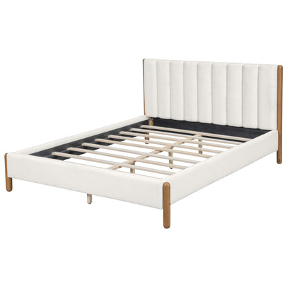 Queen Size Bed Frame with Boucle Upholstered Headboard and Solid Wooden Legs - Off White