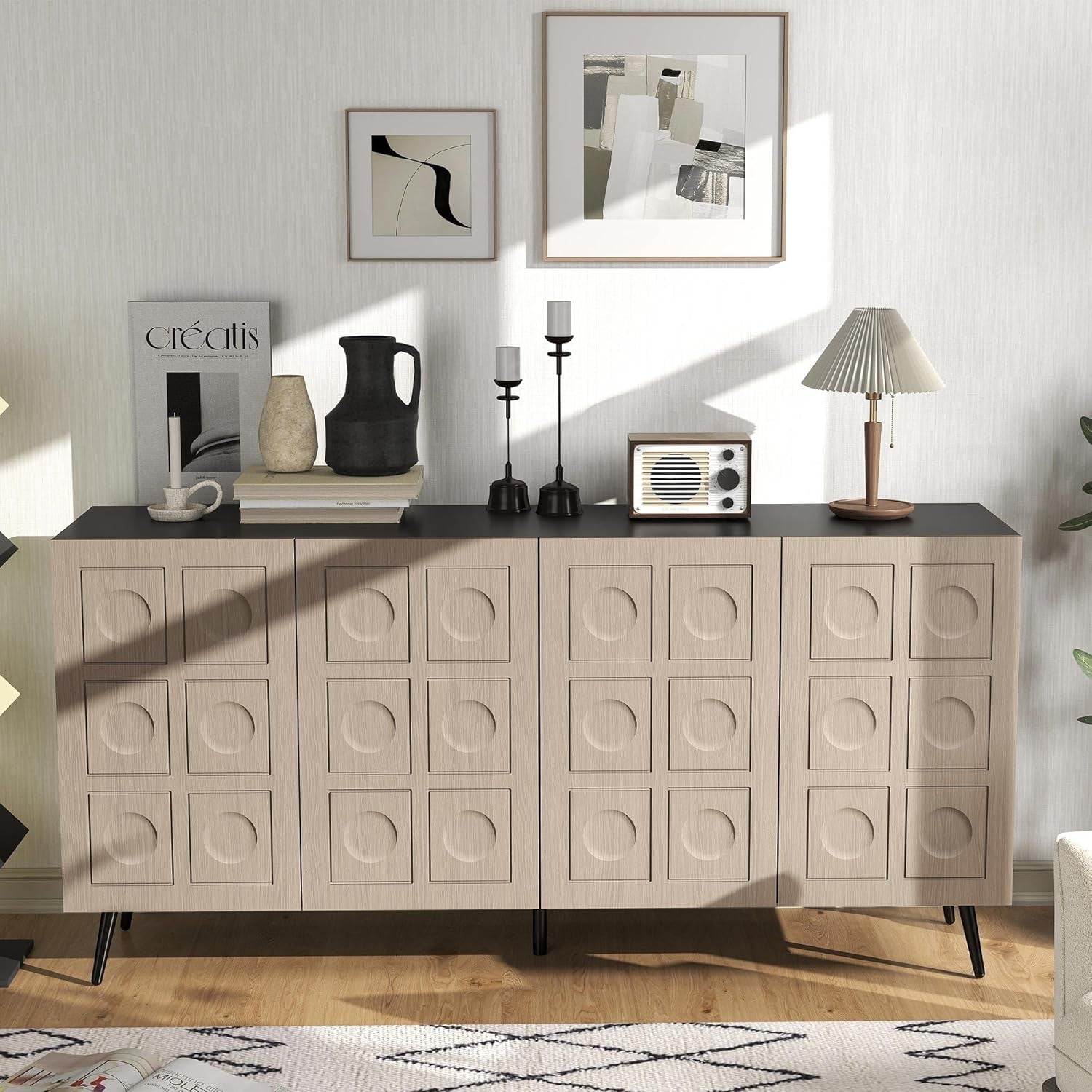 63 Inch Oak And Black Mid Century Modern Sideboard
