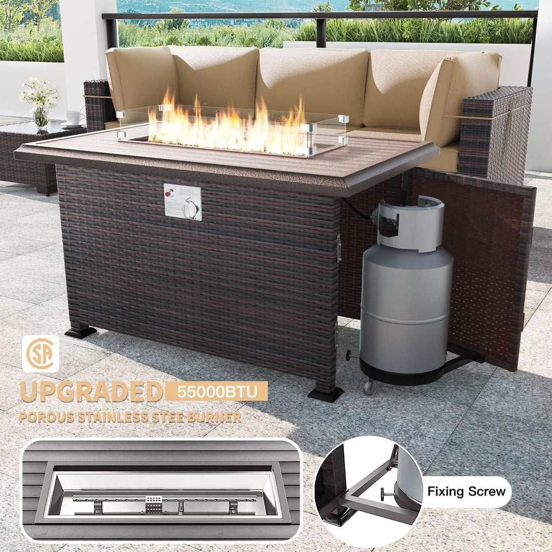 13 Piece Outdoor Patio Furniture Set with Fire Pit - Sand